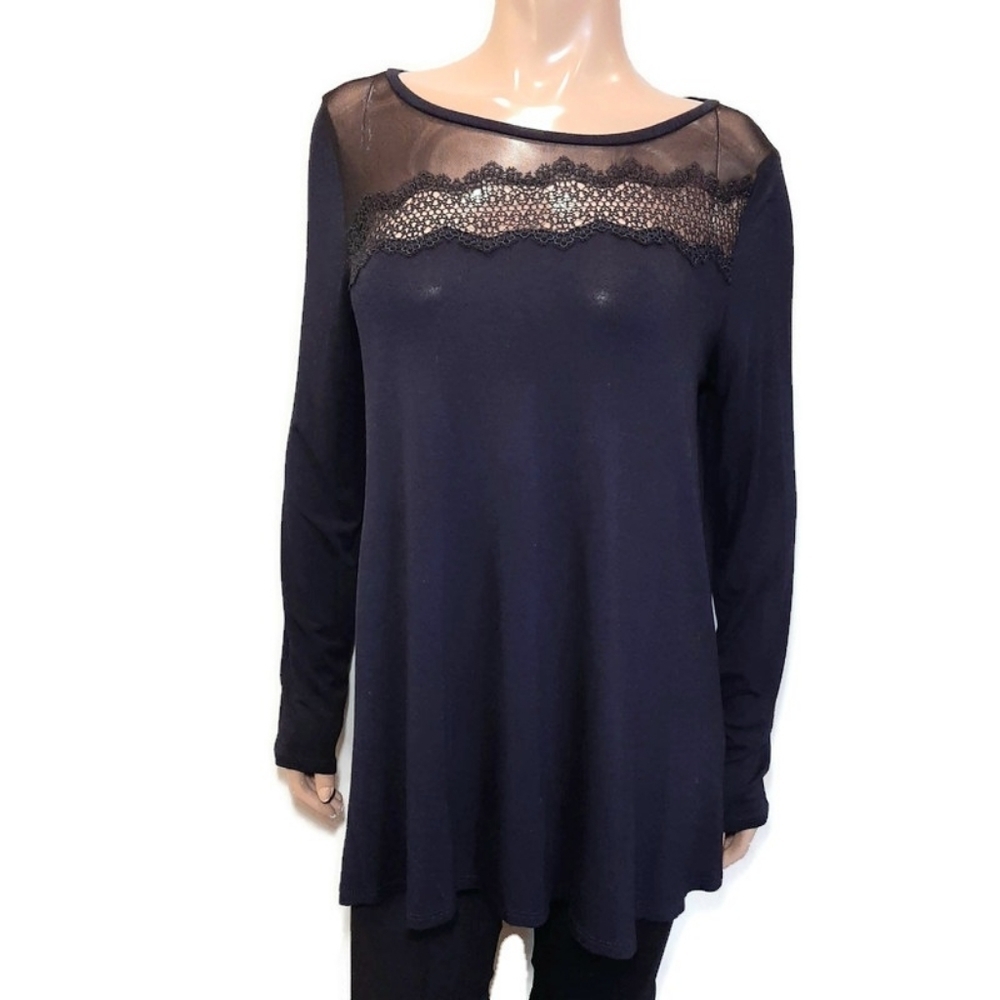 Tahari Sheer Mesh Lace Asymmetric Long Sleeve Tunic Top Flowy Rayon Size Medium
